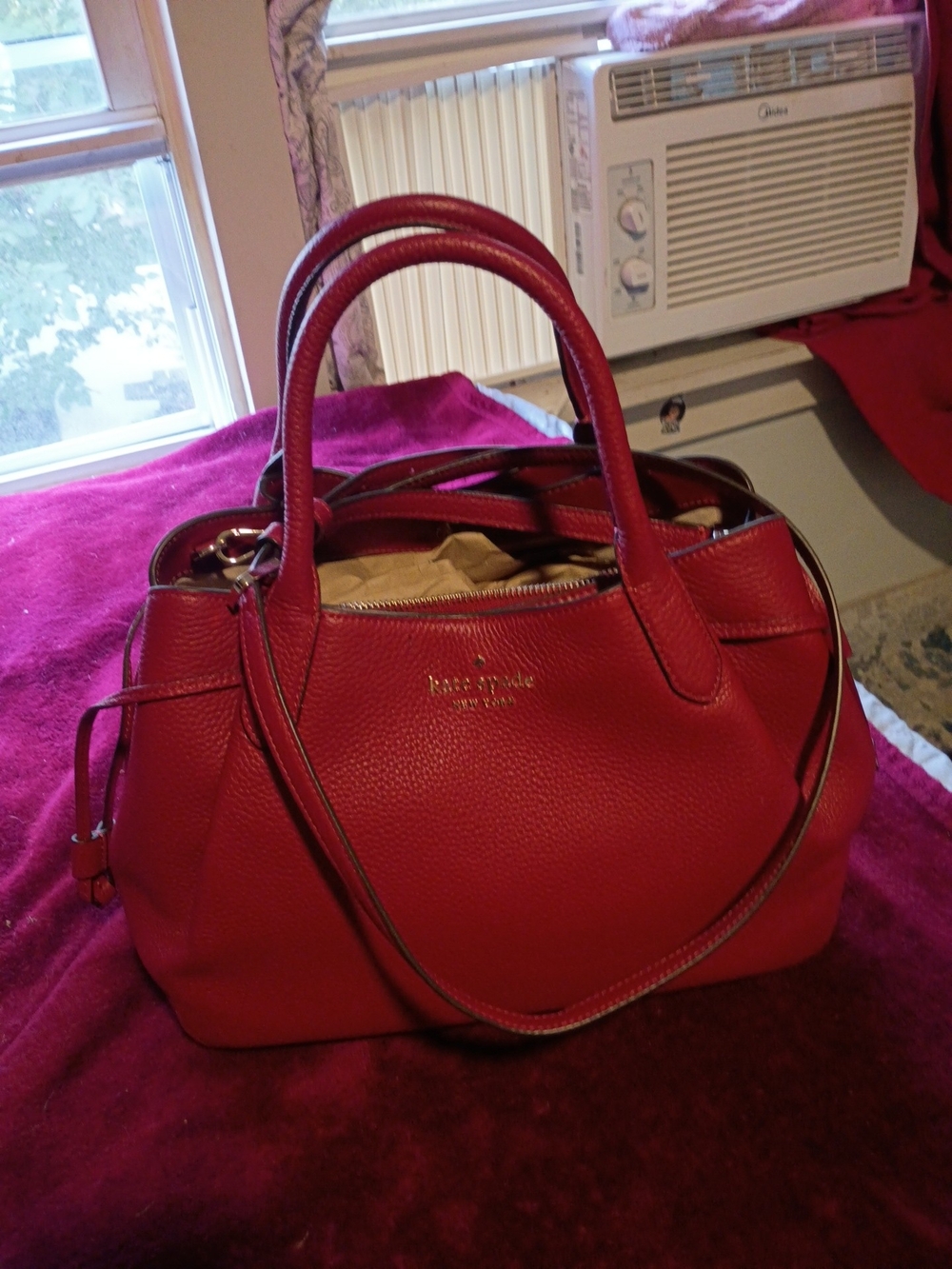 kate spade Red Pebbled Leather Satchel with Detachable Strap and Gold Logo